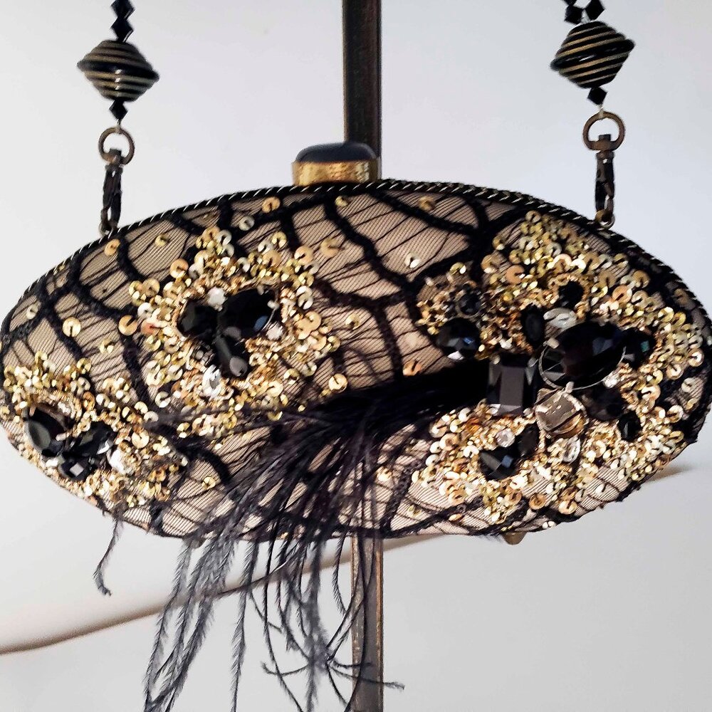 Mary Frances Black Gold Beaded Sequined Feather Handbag w/dus bag NWOT